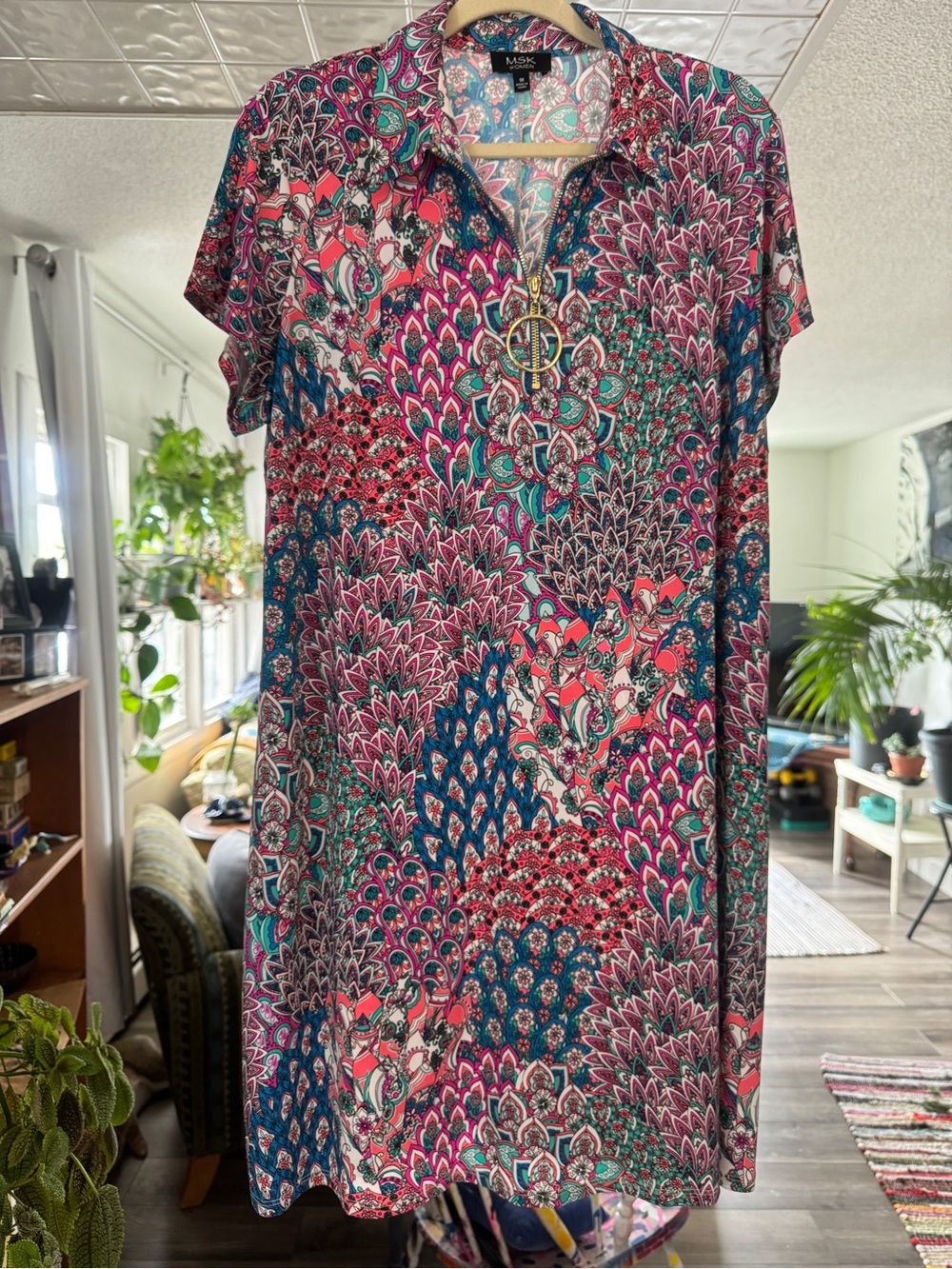 MSK Women Plus 1X Colorful Paisley Ring Zip A-Line Dress